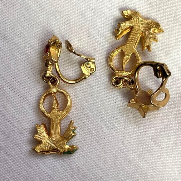 Vintage Christmas Clip On Earrings 2 Pr XMas Tree Candle Gold Tone Rhinestones - Picture 3 of 8